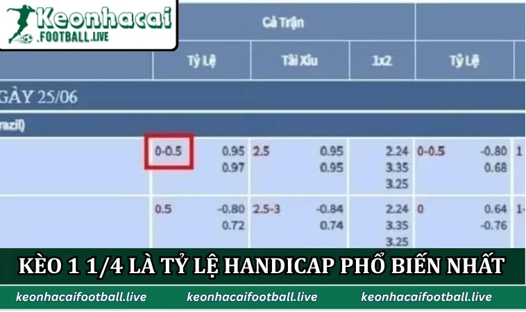 Kèo 1 1/4 là tỷ lệ handicap phổ biến nhất